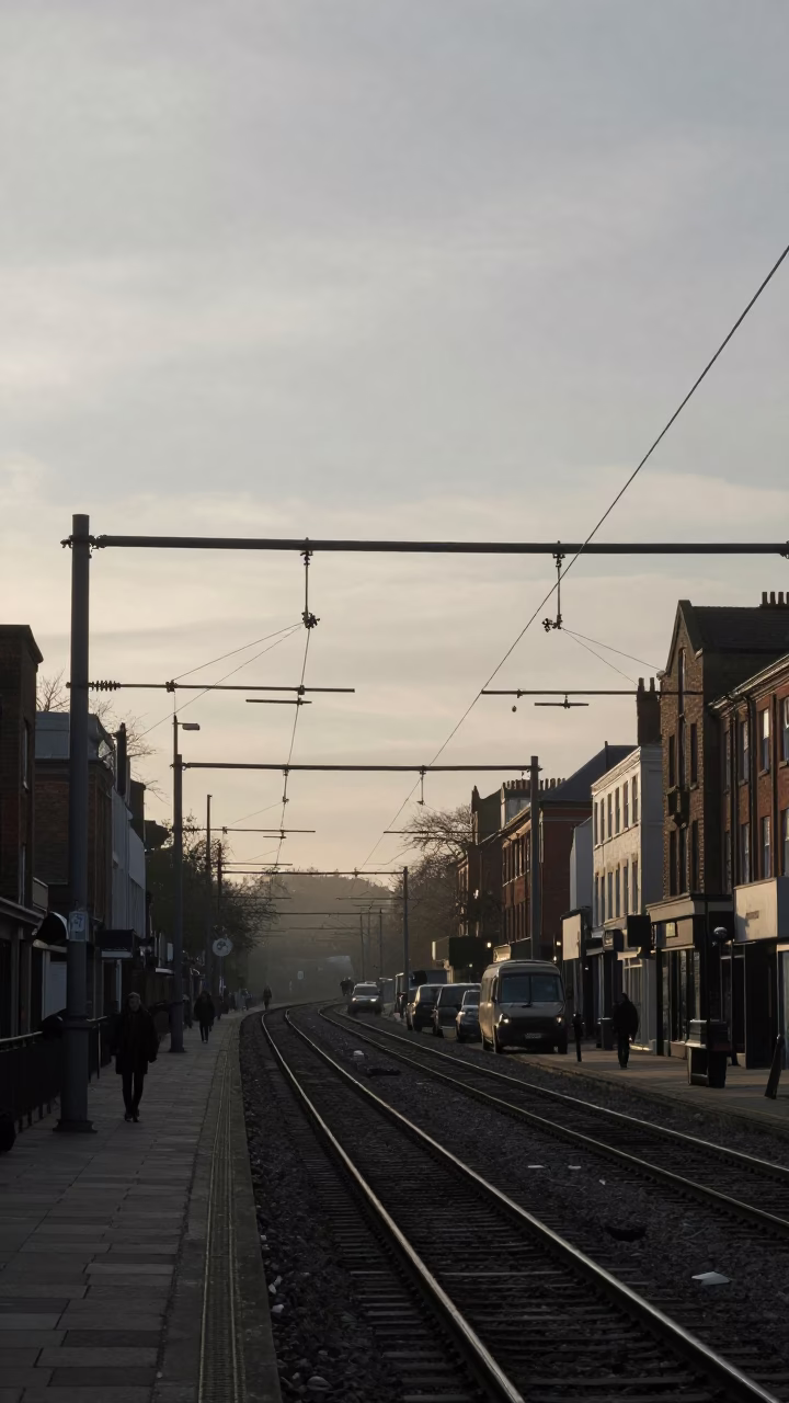 Bristol Late Afternoon Street Scene with Rail Catenary System Receding Through Industrial Fog in in Bristol, United Kingdom