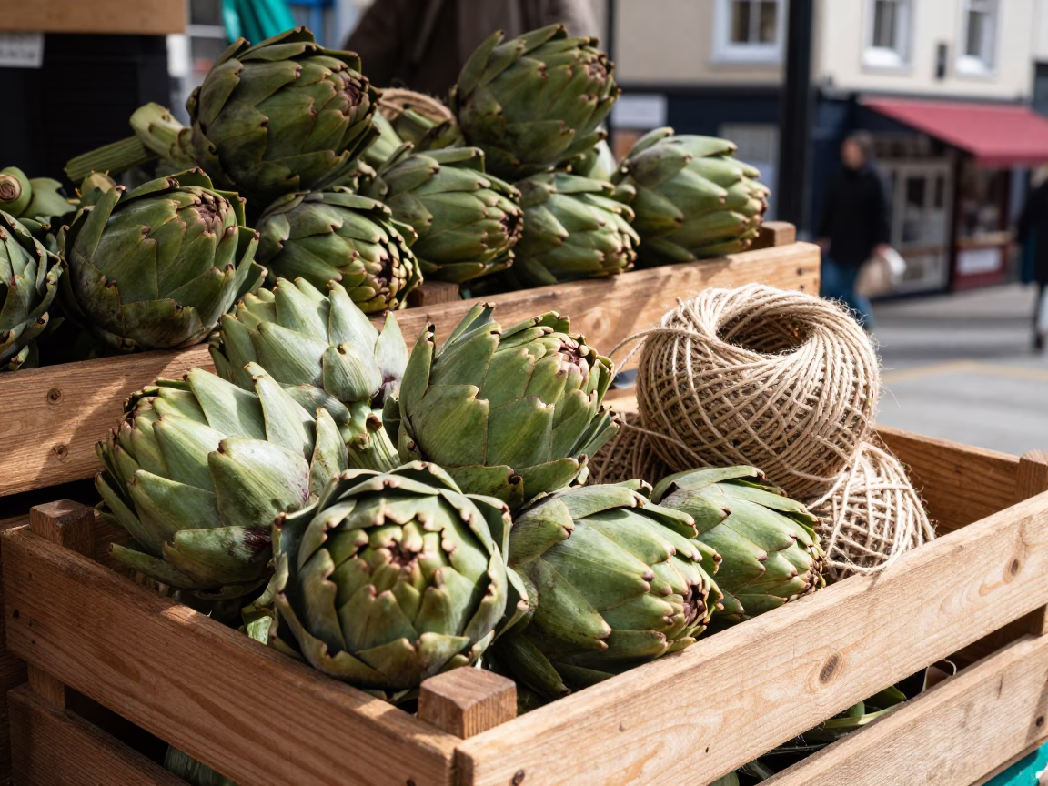 Bristol Market Stall Displaying Fresh Artichokes and Twine in Midday Sunlight in in Bristol, United Kingdom
