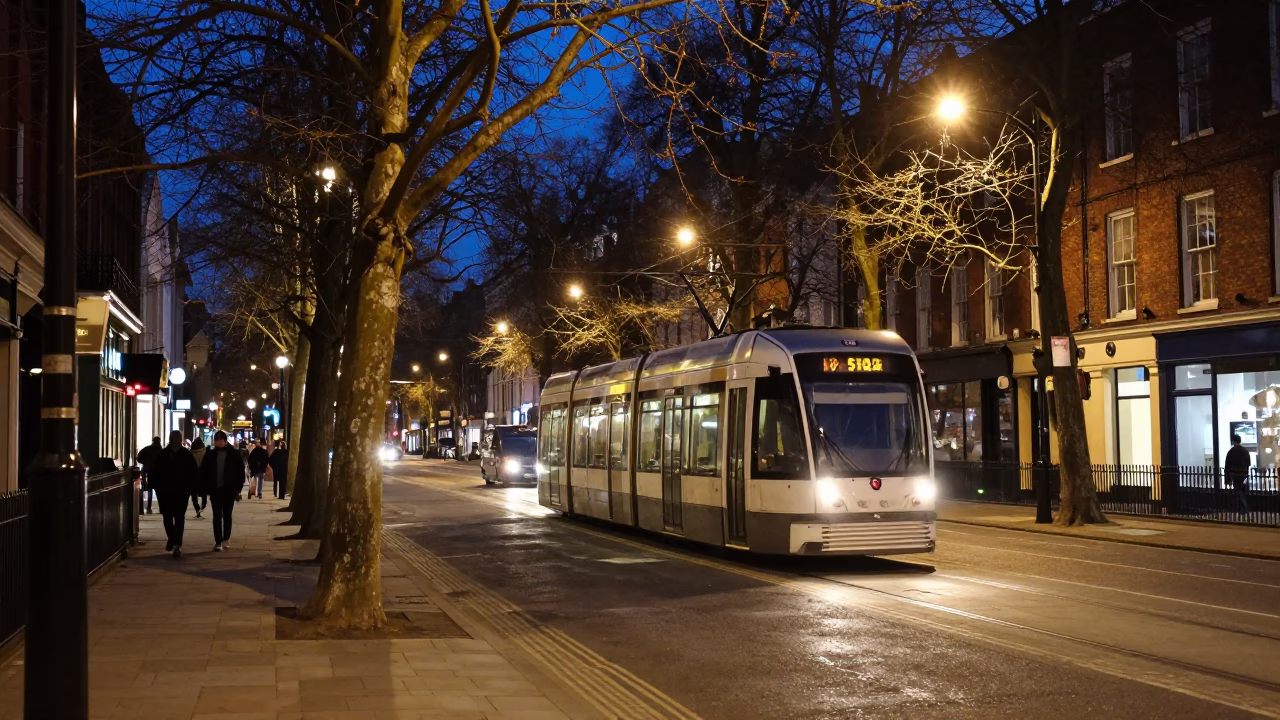 Bristol Midnight Street Scene with Tramcar on Tree-Lined Boulevard and Urban Details in in Bristol, United Kingdom