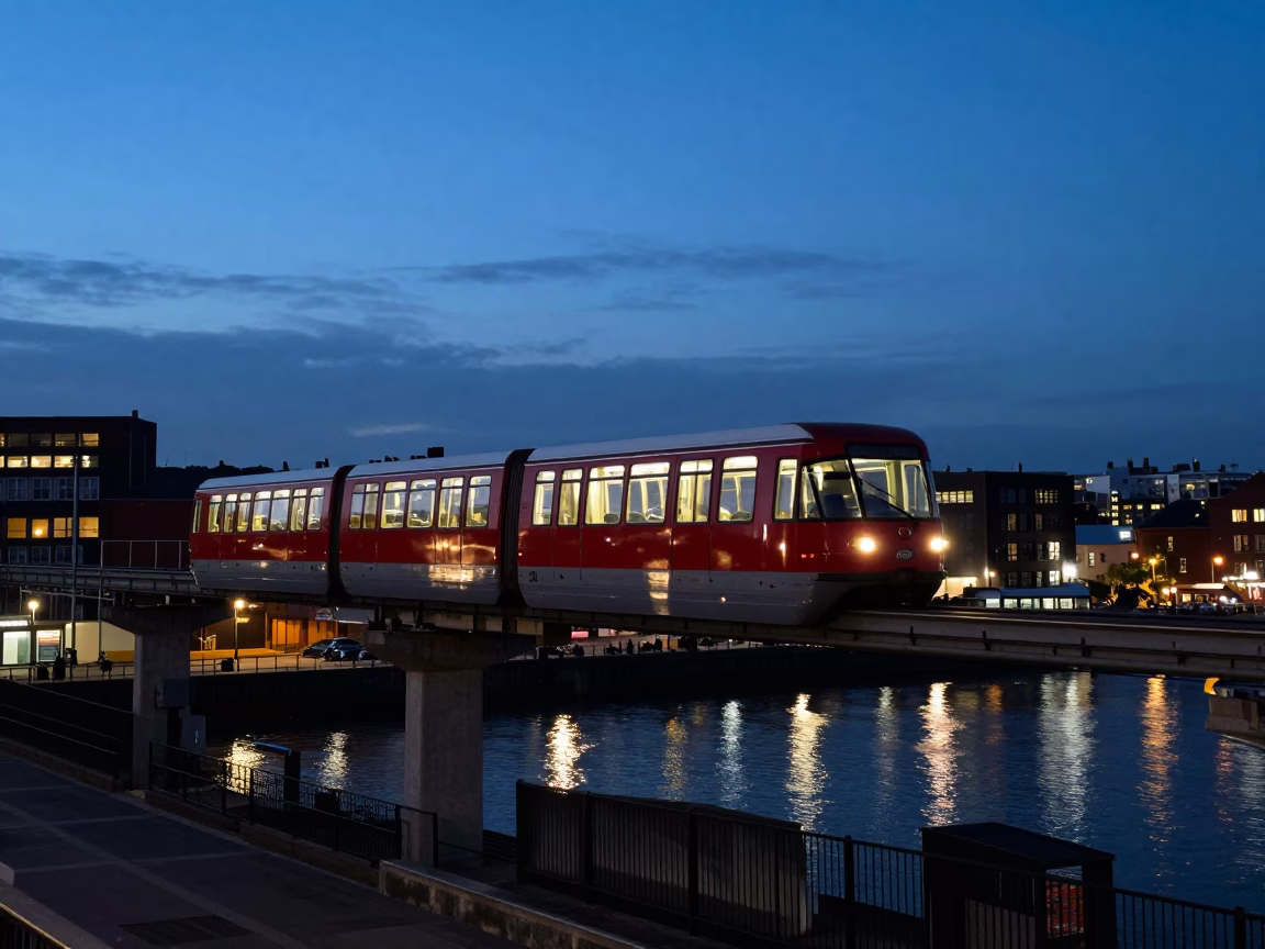 Bristol Monorail Overlooking Harbourside at Twilight with Vintage Red Sports Car in in Bristol, United Kingdom