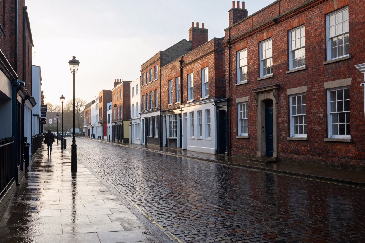 Bristol Morning Street Scene with Wet Cobblestones and Brick Architecture in in Bristol, United Kingdom