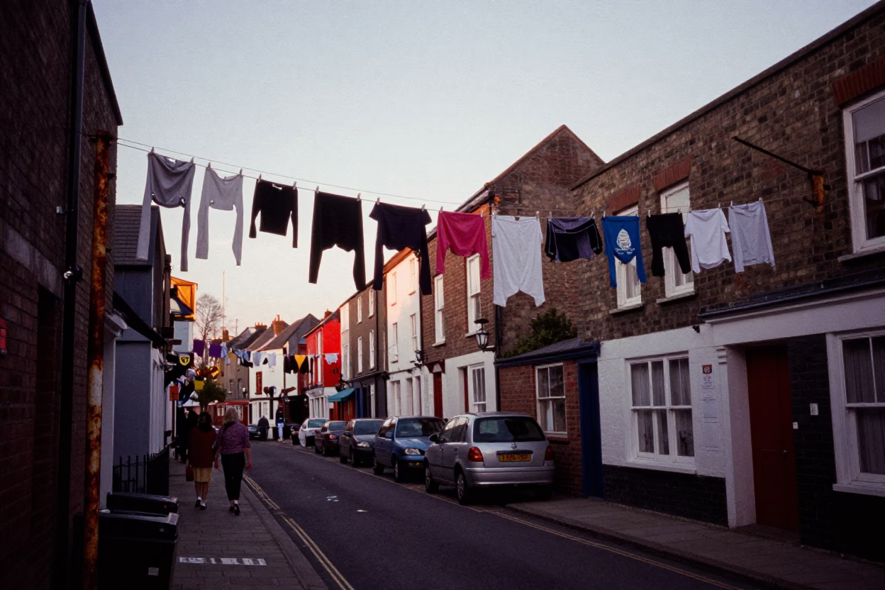 Bristol Nautical Dawn Street Scene with Clothesline and Morning Glory Fence in in Bristol, United Kingdom