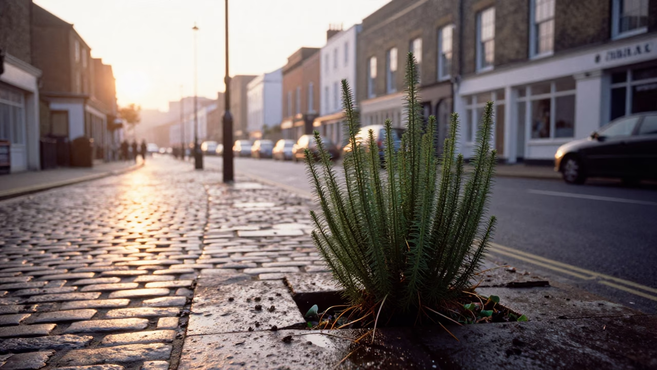 Bristol nautical dawn street scene with horsetail plants and damp pavement in in Bristol, United Kingdom
