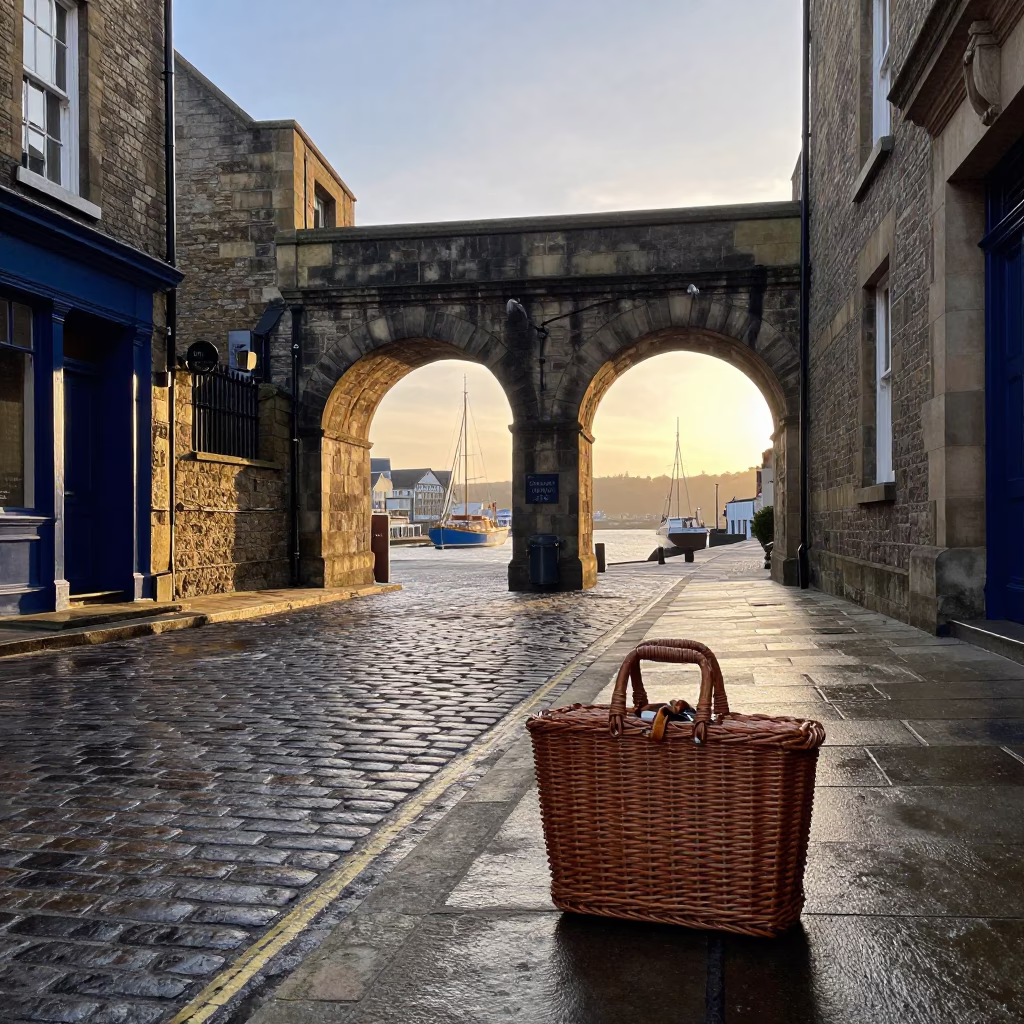 Bristol Nautical Dawn Street Scene with Vintage Wicker Bag and Cobblestone Architecture in in Bristol, United Kingdom