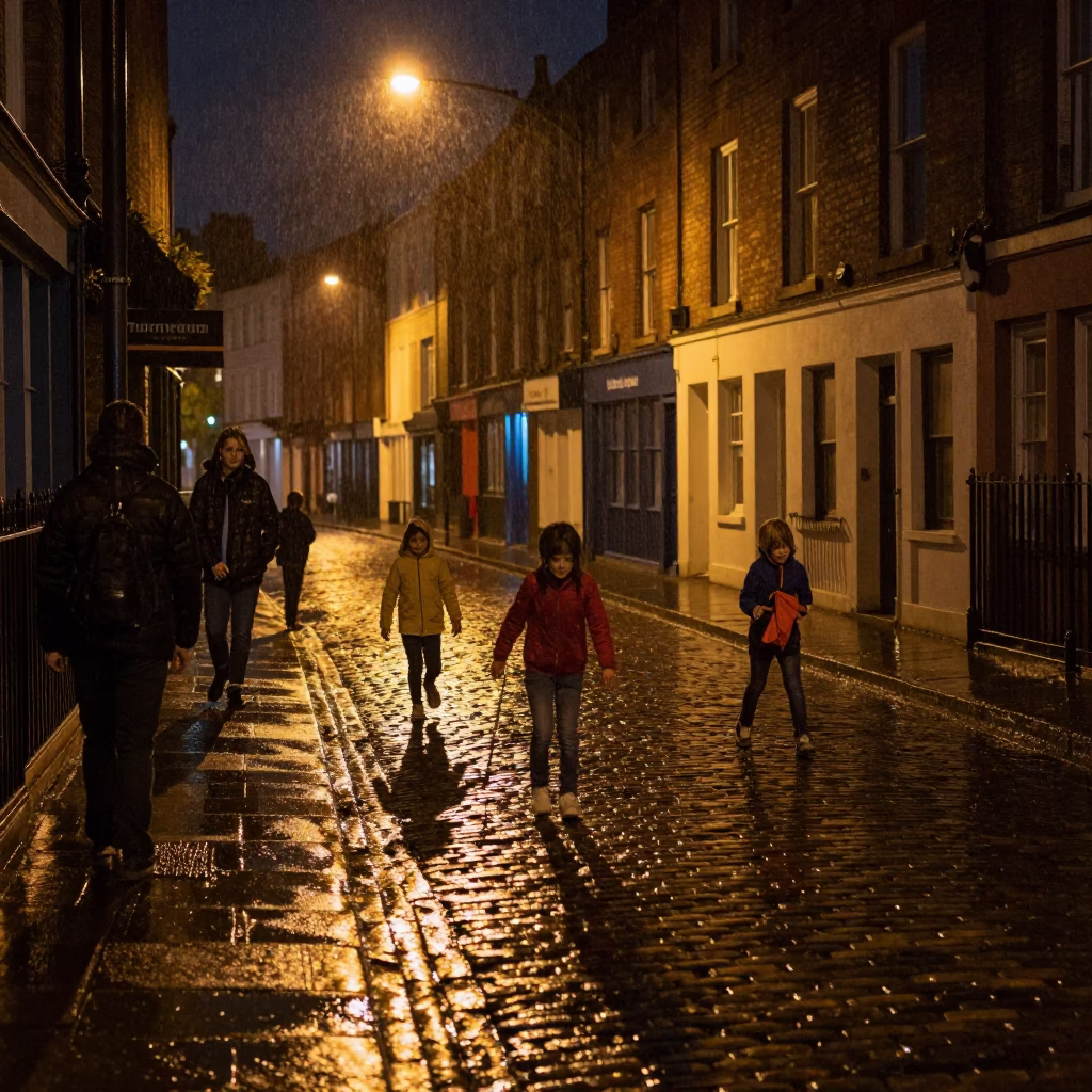 Bristol Night Street Scene with Children Playing in Rain Puddles and Urban Architecture in in Bristol, United Kingdom