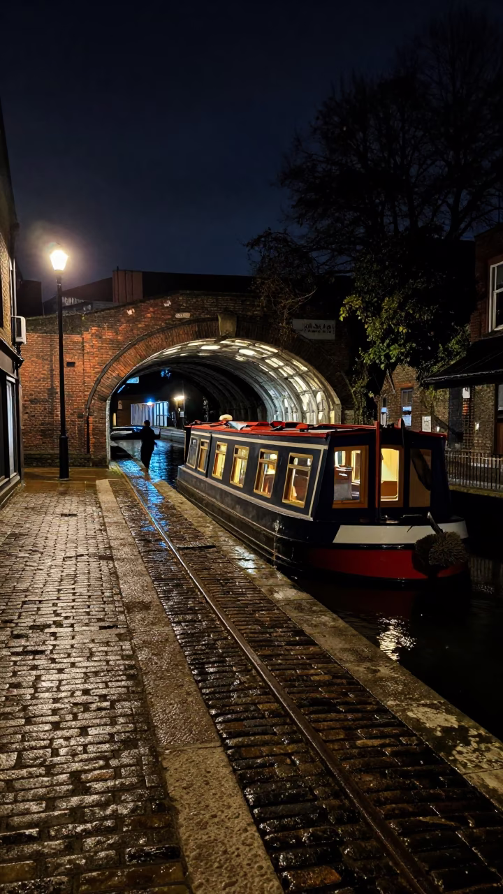 Bristol Night Street Scene With Monorail And Narrowboat Canal Tunnel in in Bristol, United Kingdom