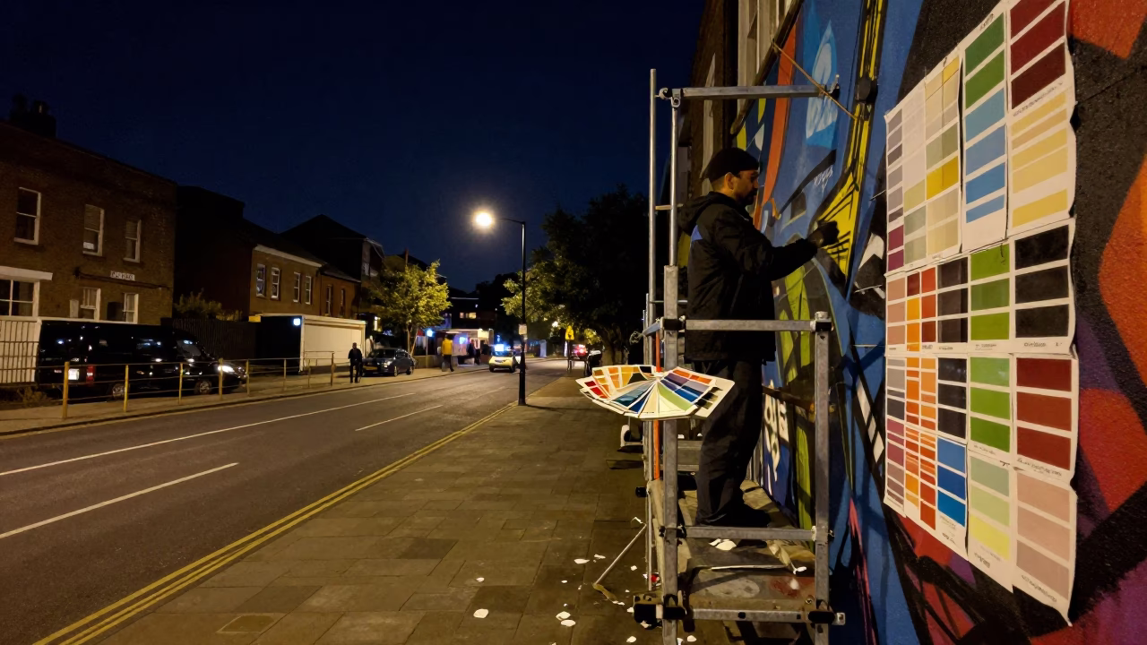 Bristol Night Street Scene with Muralist Scaffold Swatches and Urban Allotment Shadows in in Bristol, United Kingdom