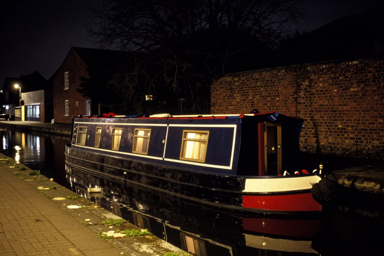 Bristol Night Street Scene with Narrowboat on Historic Canals and Urban Architecture in in Bristol, United Kingdom