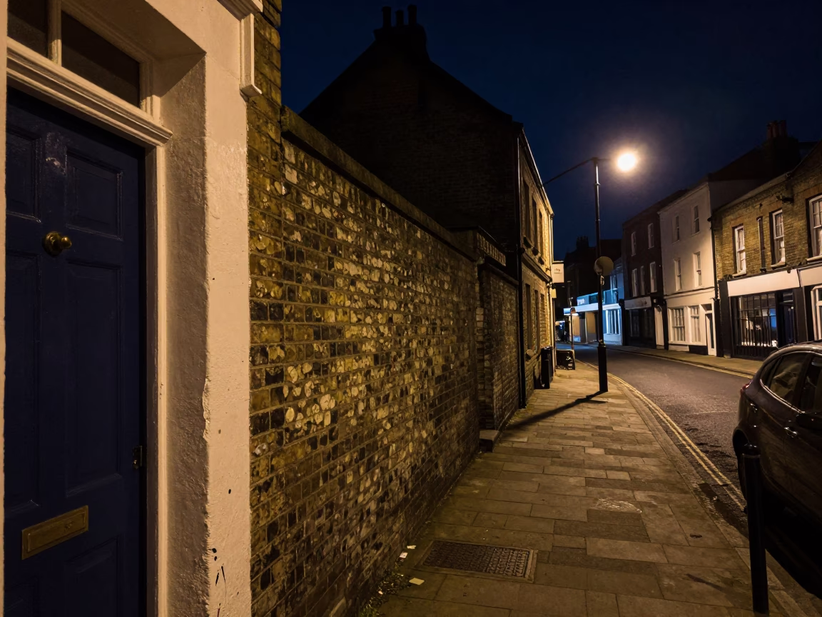 Bristol Night Street Scene with Paint Flecks on Doorframe and Vintage 1970s Atmosphere in in Bristol, United Kingdom