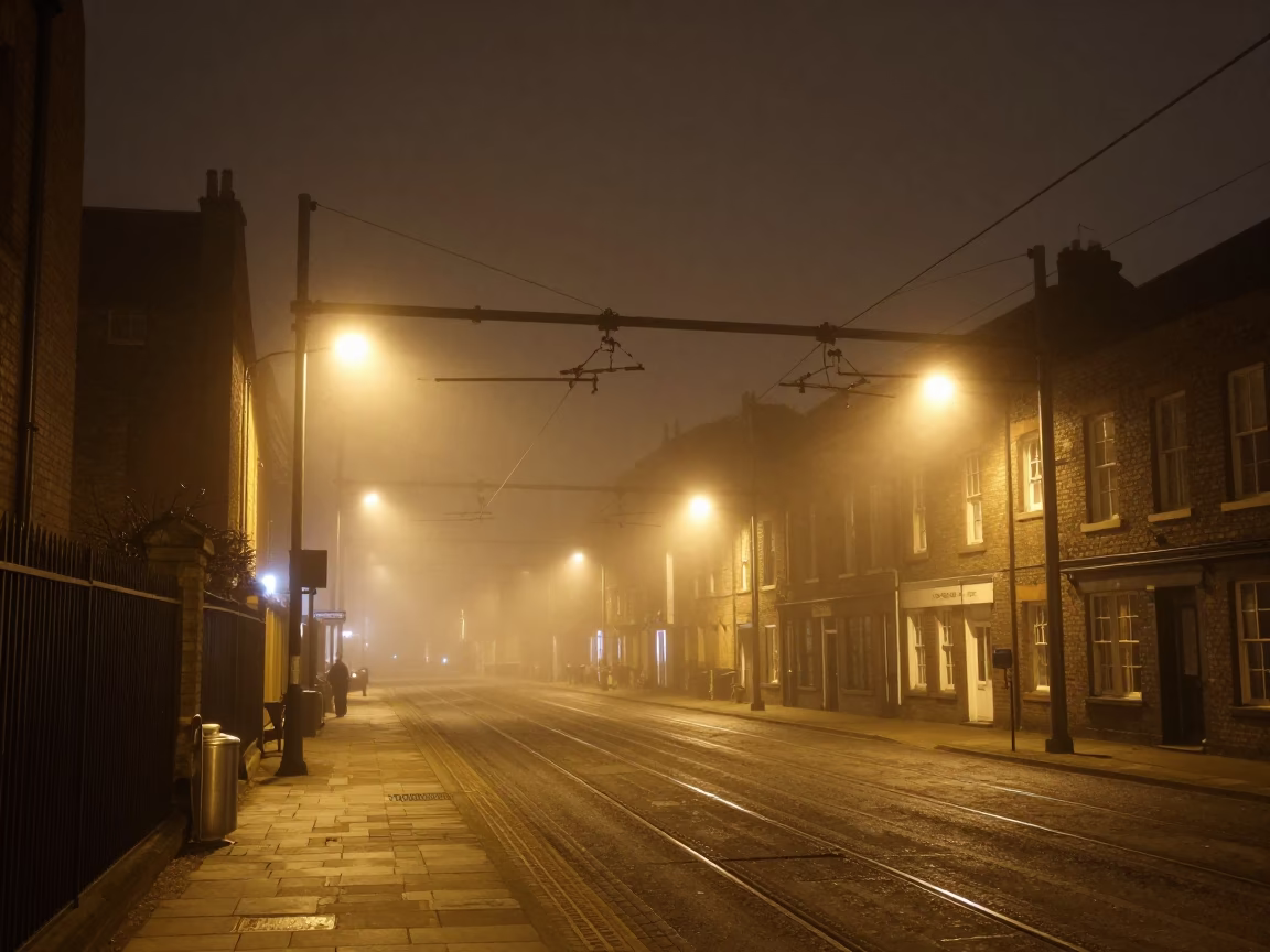 Bristol Night Street Scene with Rail Catenary and Urban Fog in in Bristol, United Kingdom