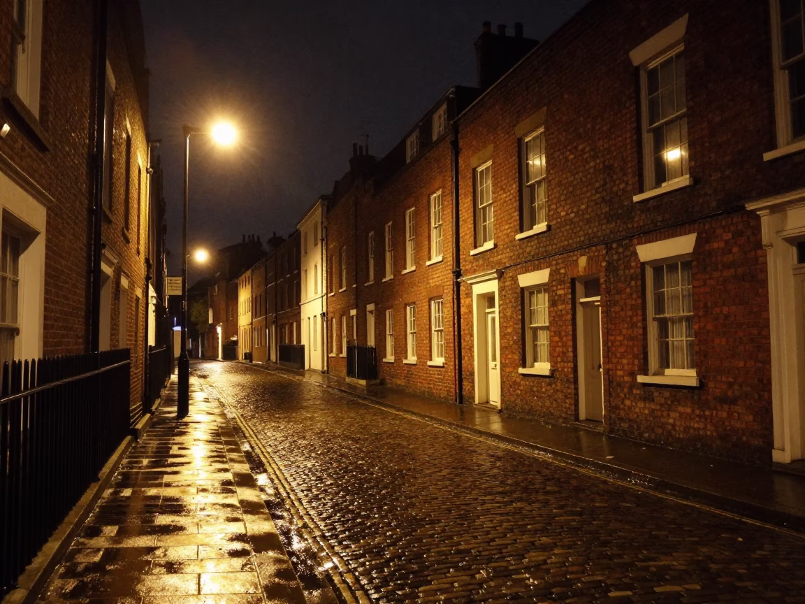 Bristol Night Street Scene with Red Brick Buildings and Wet Pavement Reflections in in Bristol, United Kingdom