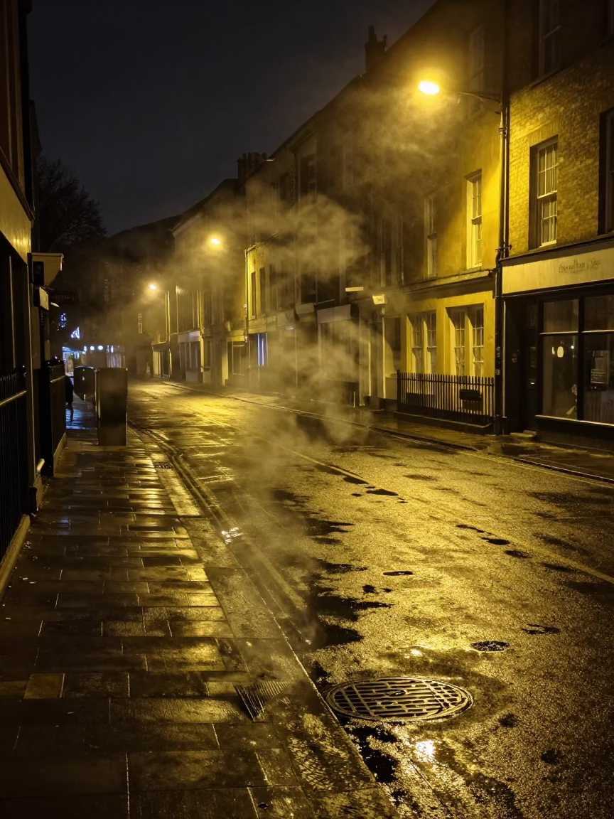 Bristol Night Street Scene with Steam Haze and Scratched Rail in in Bristol, United Kingdom