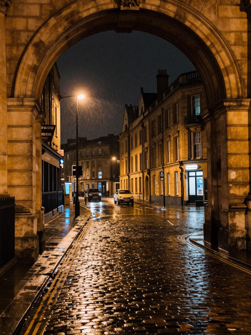 Bristol Night Street Scene With University Archway Framing Wet Bicycle Rack in in Bristol, United Kingdom