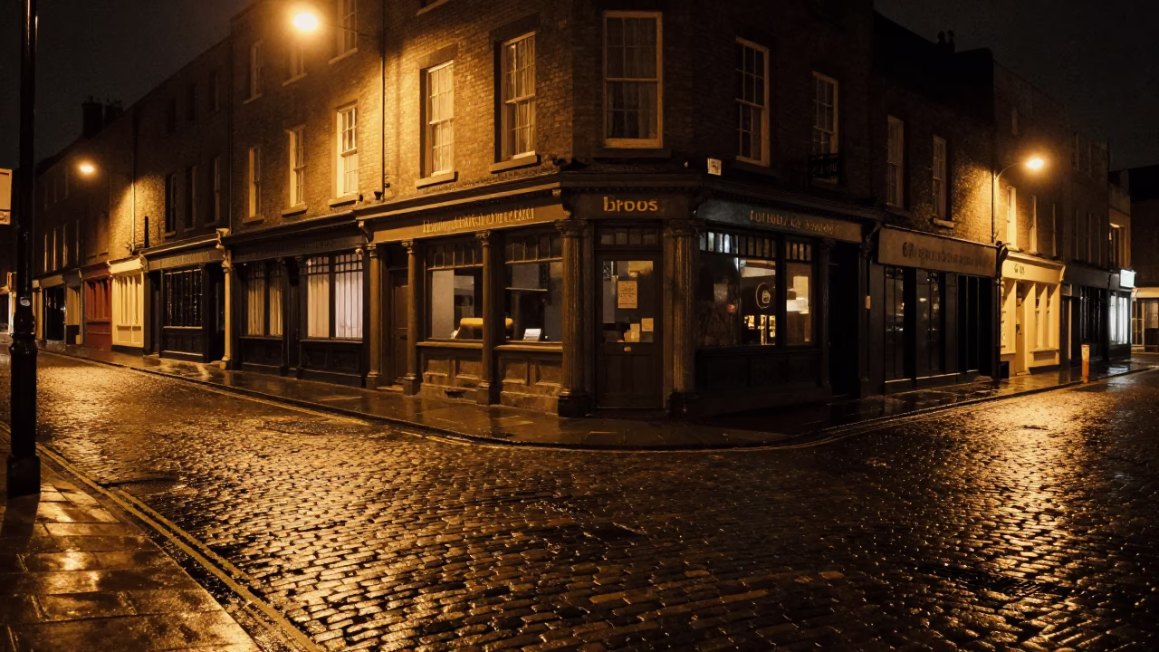 Bristol night street scene with vintage 1970s aesthetics and urban details in in Bristol, United Kingdom