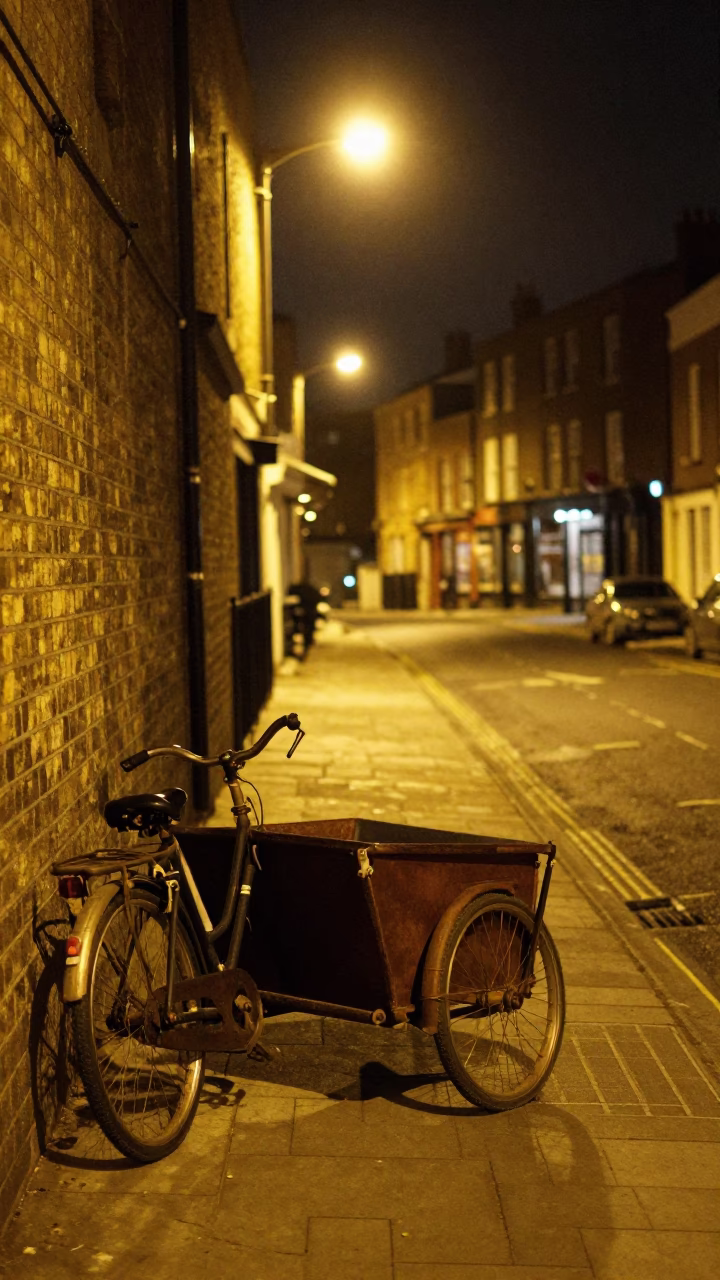 Bristol Night Street Scene with Vintage Cargo Bicycle and Floral Wares in in Bristol, United Kingdom