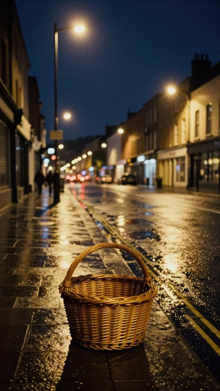 Bristol Night Street Scene with Wicker Basket and Urban Architecture in in Bristol, United Kingdom