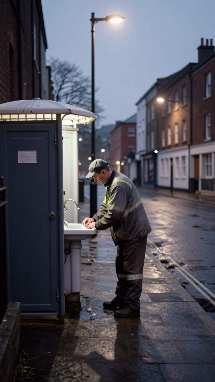 Bristol Night Watchman Cleaning Sink Strainer Before Dawn Street Scene in in Bristol, United Kingdom