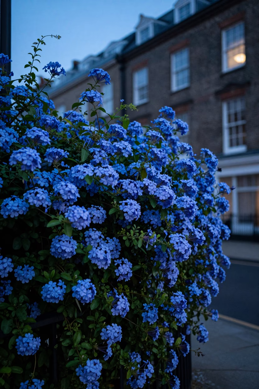 Bristol Plumbago Hedge in Evening Blue Light with Urban Background in in Bristol, United Kingdom