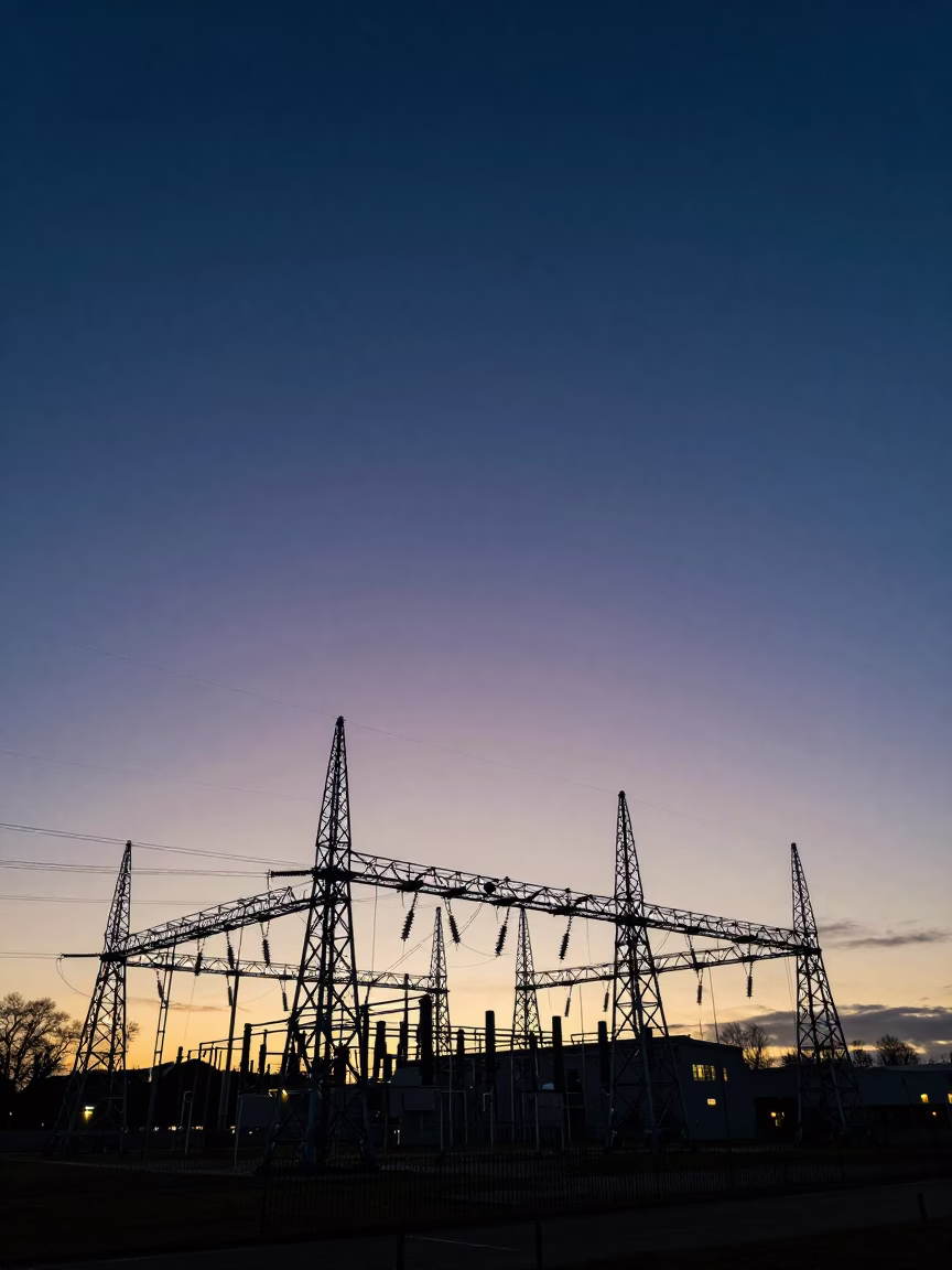 Bristol Power Substation And Cobalt Sky at The Predawn Darkness Light in in Bristol, United Kingdom
