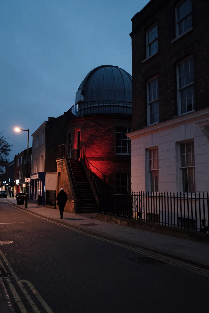 Bristol Predawn Street Scene with Turnbuckle and Observatory Stairwell Red Light in in Bristol, United Kingdom