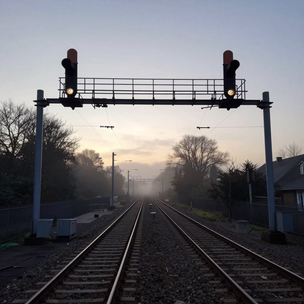 Bristol Railway Signal Gantry Above Parallel Tracks in Pre-Dawn Mist in in Bristol, United Kingdom