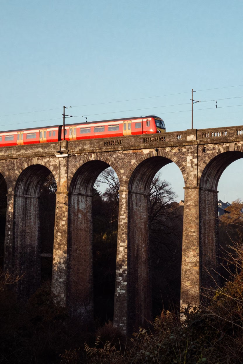 Bristol Railway Viaduct Arches with Passing Train in Late Afternoon Light in in Bristol, United Kingdom