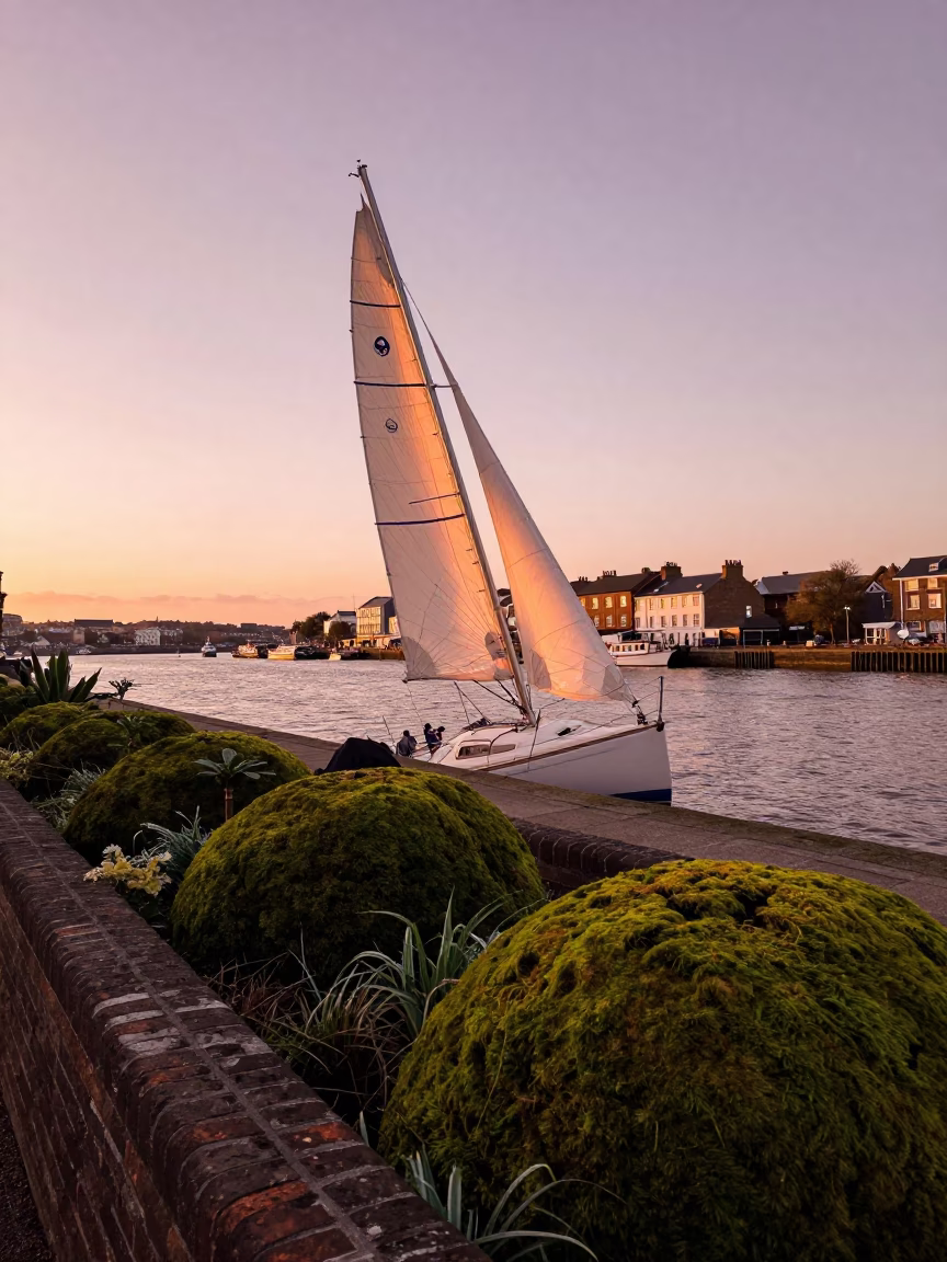 Bristol Sailboat Heeling at Copper-toned Light Before Dusk in in Bristol, United Kingdom