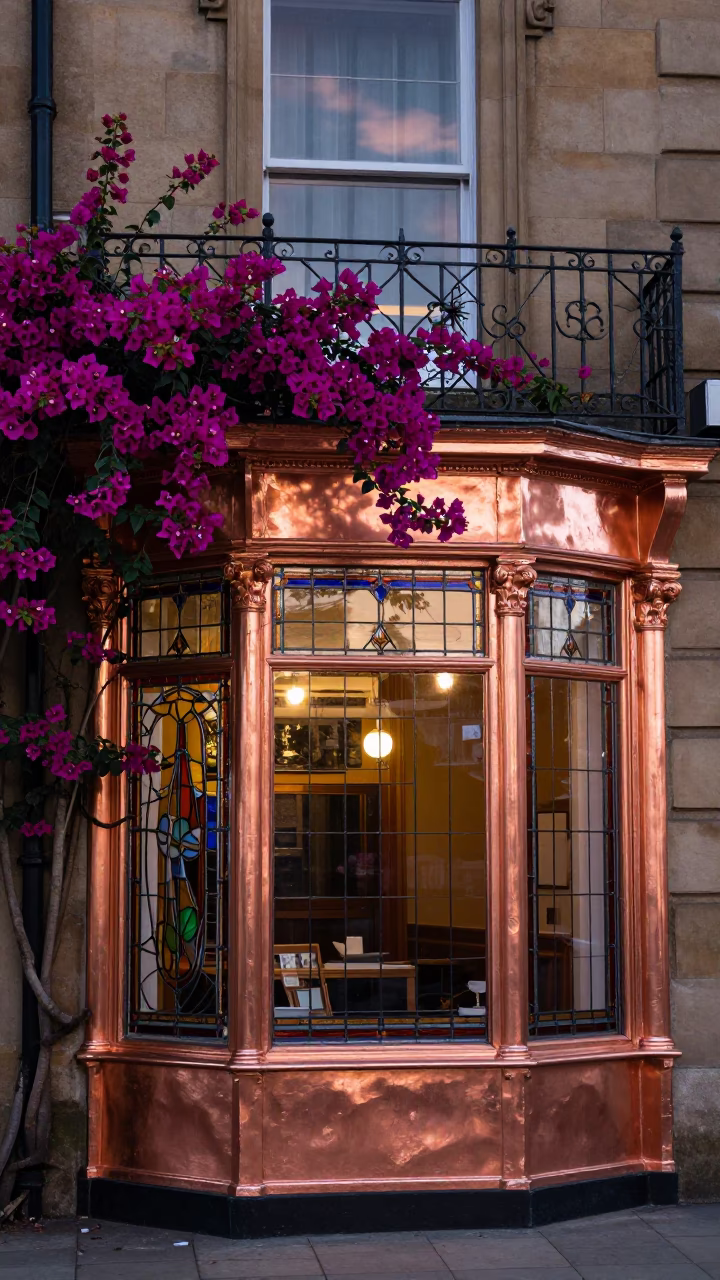 Bristol Stained Glass Shop Front with Bougainvillea in Copper Dusk Light in in Bristol, United Kingdom