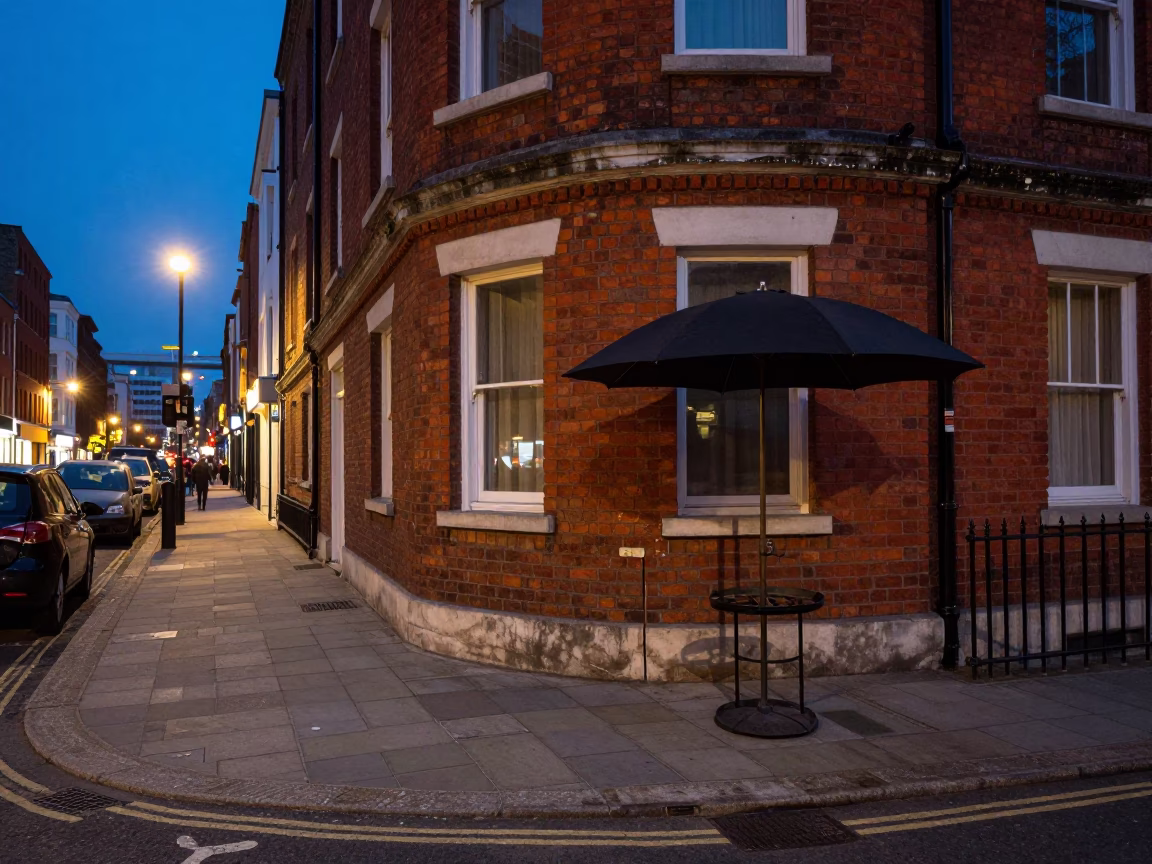 Bristol Street Corner at Dusk with Umbrella Stand and Doormat in in Bristol, United Kingdom