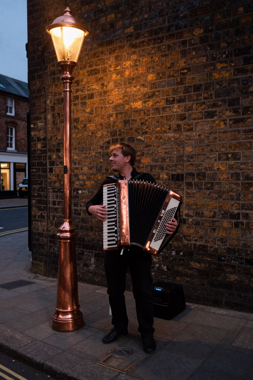 Bristol Street Scene Copper Light Before Dusk with Accordion Player and Urban Details in in Bristol, United Kingdom