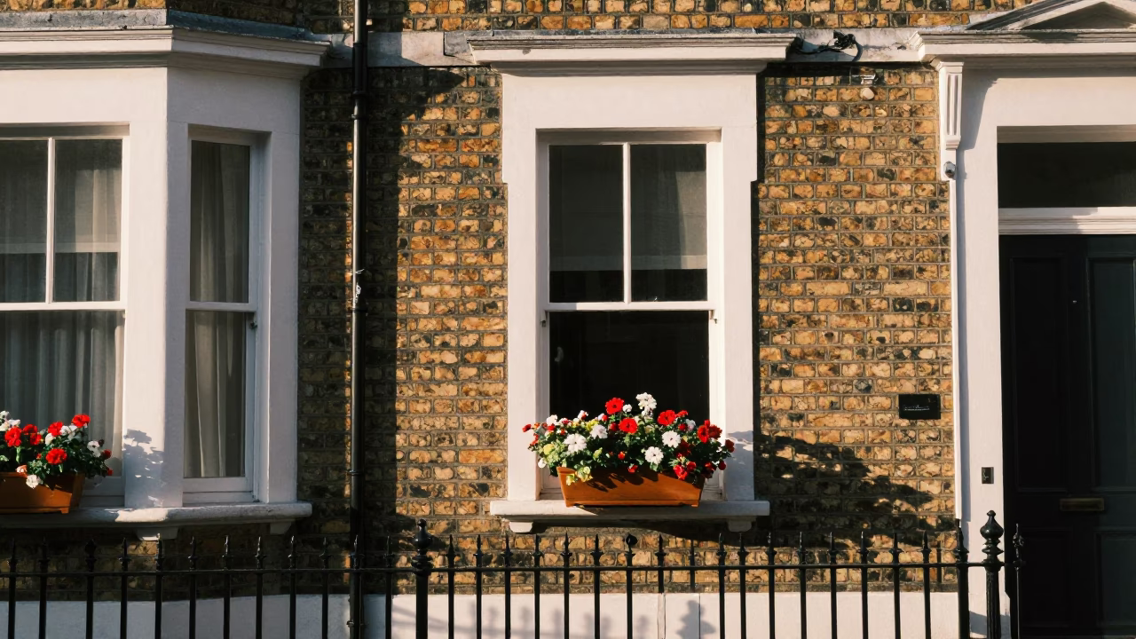 Bristol Street Scene Early Afternoon Flowerpot on Window Sill in in Bristol, United Kingdom