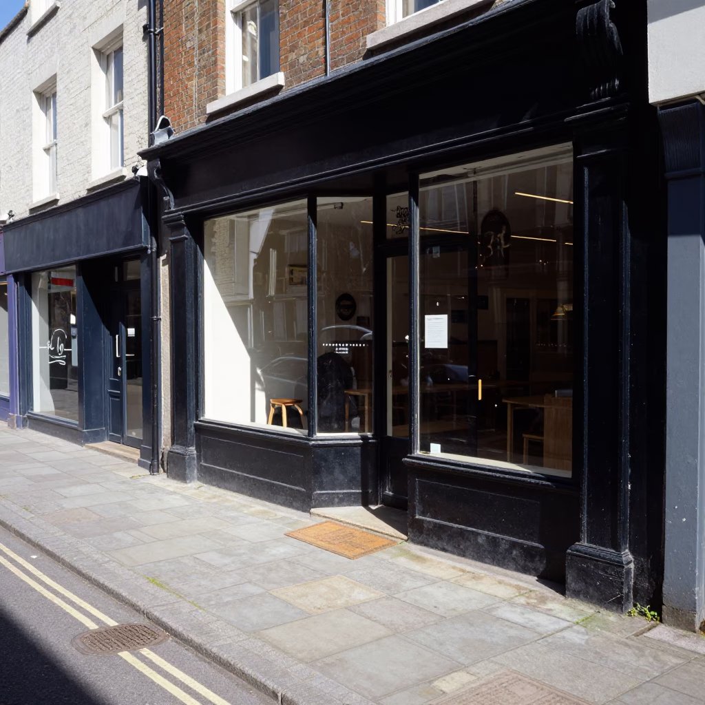 Bristol Street Scene Under Flat Noon Light With Local Shop Details in in Bristol, United Kingdom