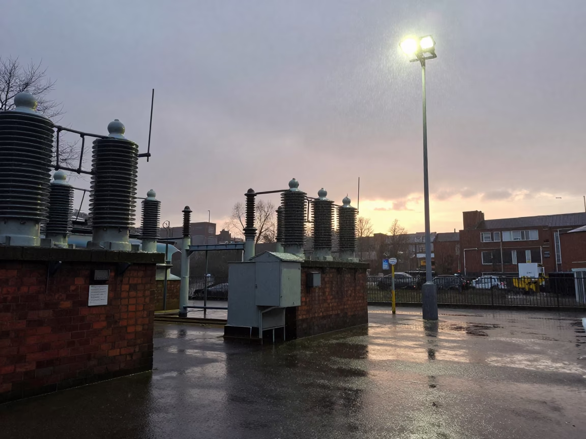 Bristol Substation Rain and Floodlights at Dusk with City Skyline in in Bristol, United Kingdom