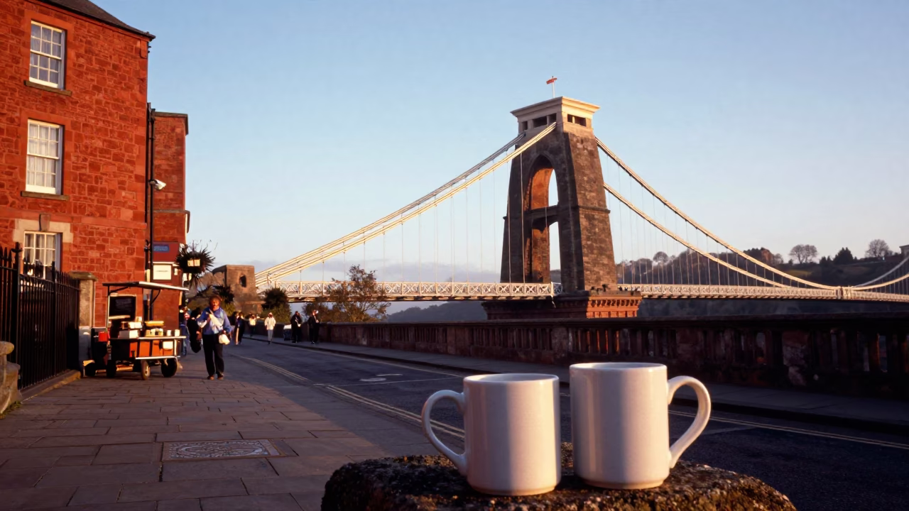 Bristol Sunrise Ceramic Mugs on Clifton Suspension Bridge Approach Street Corner in in Bristol, United Kingdom