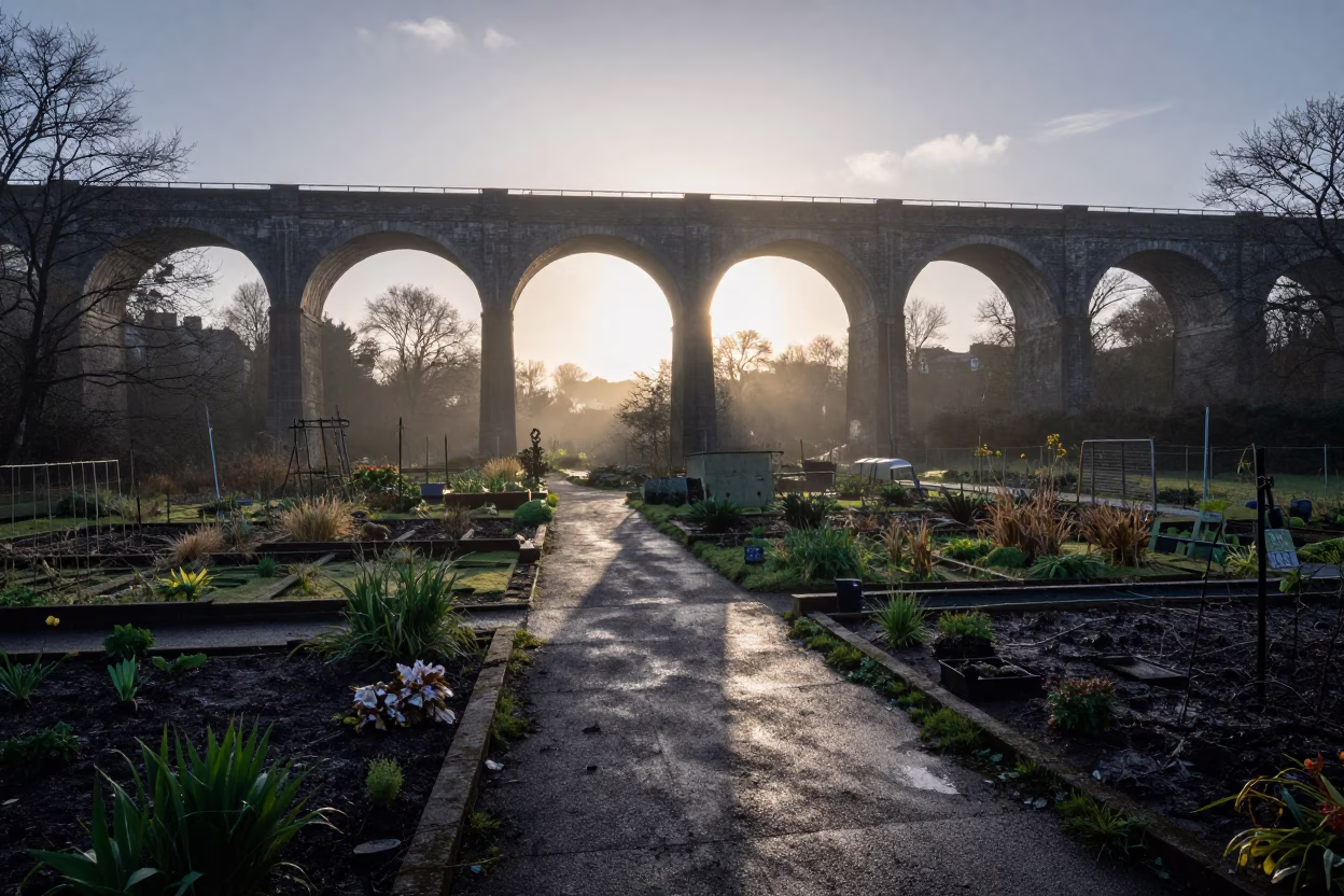 Bristol Sunrise Viaduct Shadow Cast Over Rainy Allotment Gardens Before Dawn in in Bristol, United Kingdom