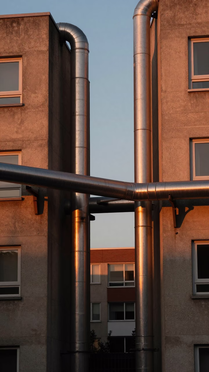 Bristol Sunset District Heating Pipes Between Concrete Apartment Blocks at Dusk in in Bristol, United Kingdom