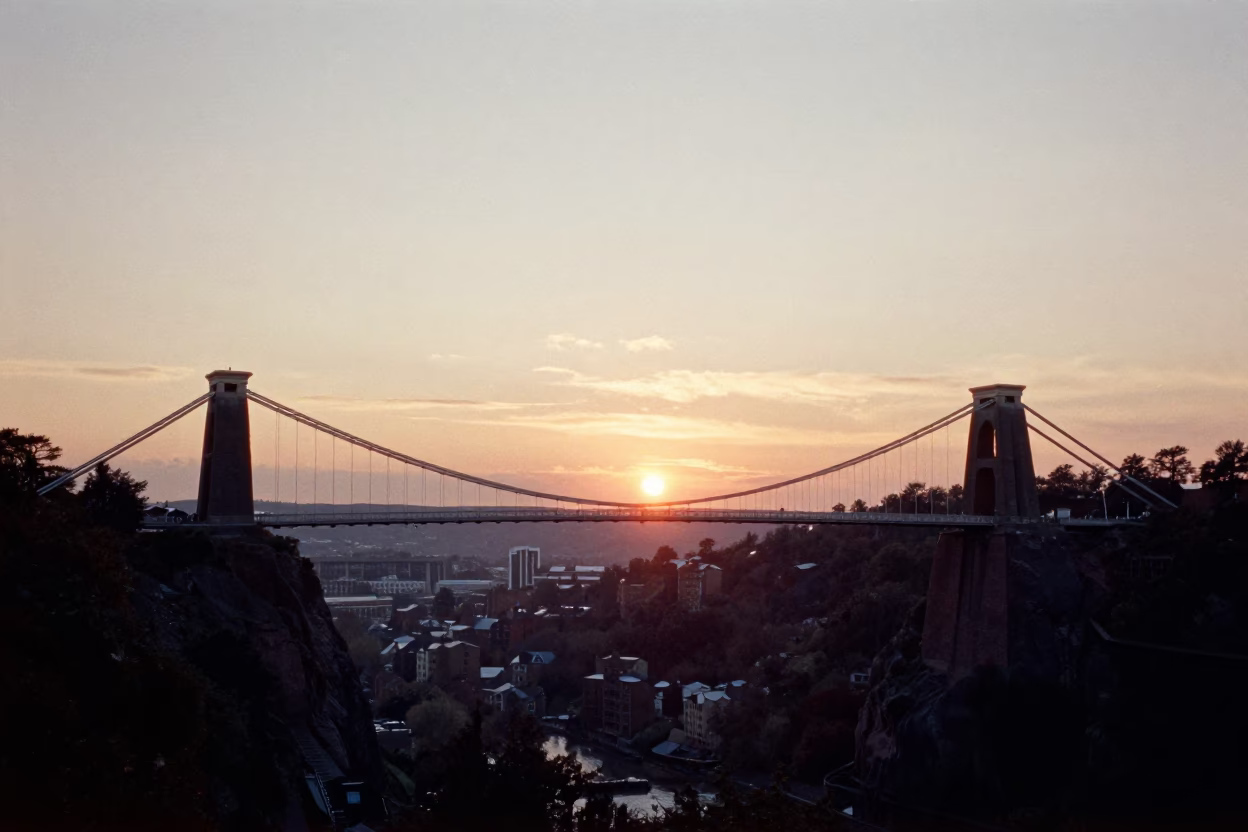 Bristol Sunset Horizon View Over Clifton Suspension Bridge and Avon Gorge at Dusk in in Bristol, United Kingdom