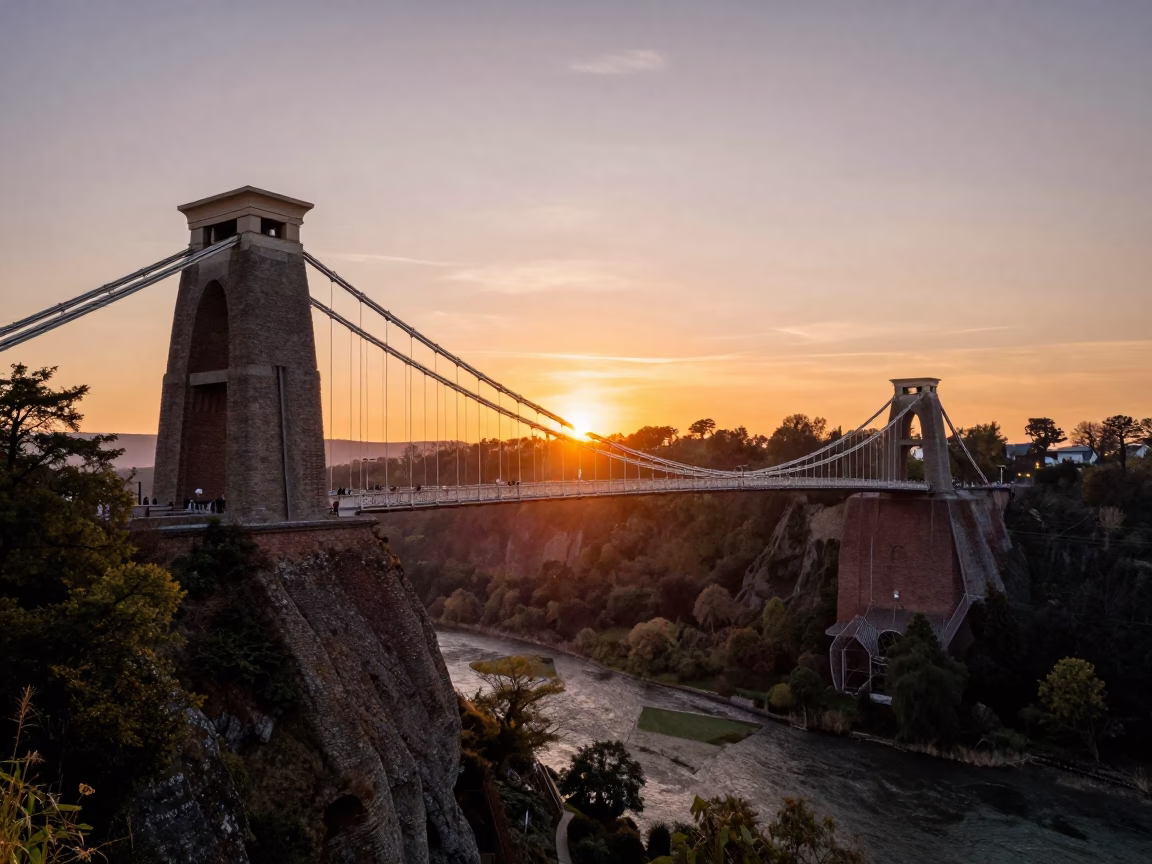 Bristol Sunset Over Clifton Suspension Bridge with Vibrant 1960s Street Life and Colorful Fashion in in Bristol, United Kingdom