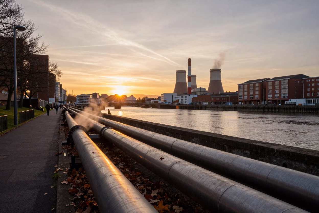 Bristol Sunset Over Harbourside District Heating Pipes and River Storm Drain Outfall in in Bristol, United Kingdom