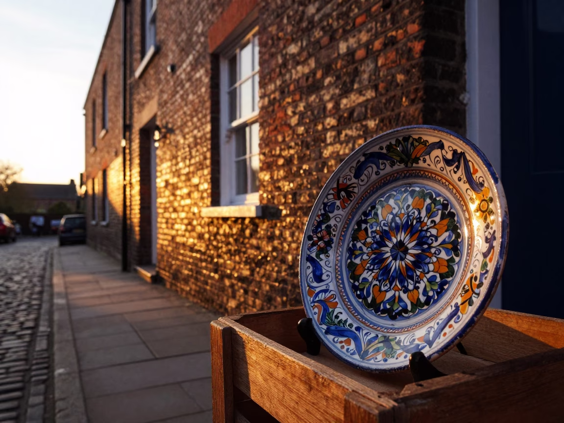 Bristol Sunset Scene with Vintage Italian Majolica Plate and Caster Wheel in in Bristol, United Kingdom