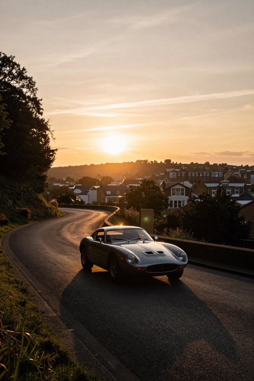 Bristol Sunset Scene with Vintage Sports Car on Serpentine Road in in Bristol, United Kingdom