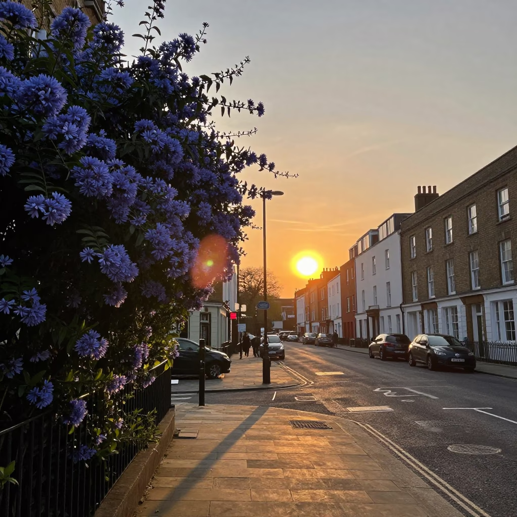 Bristol Sunset Street Scene with Plumbago Hedge and Vintage Urban Life in in Bristol, United Kingdom