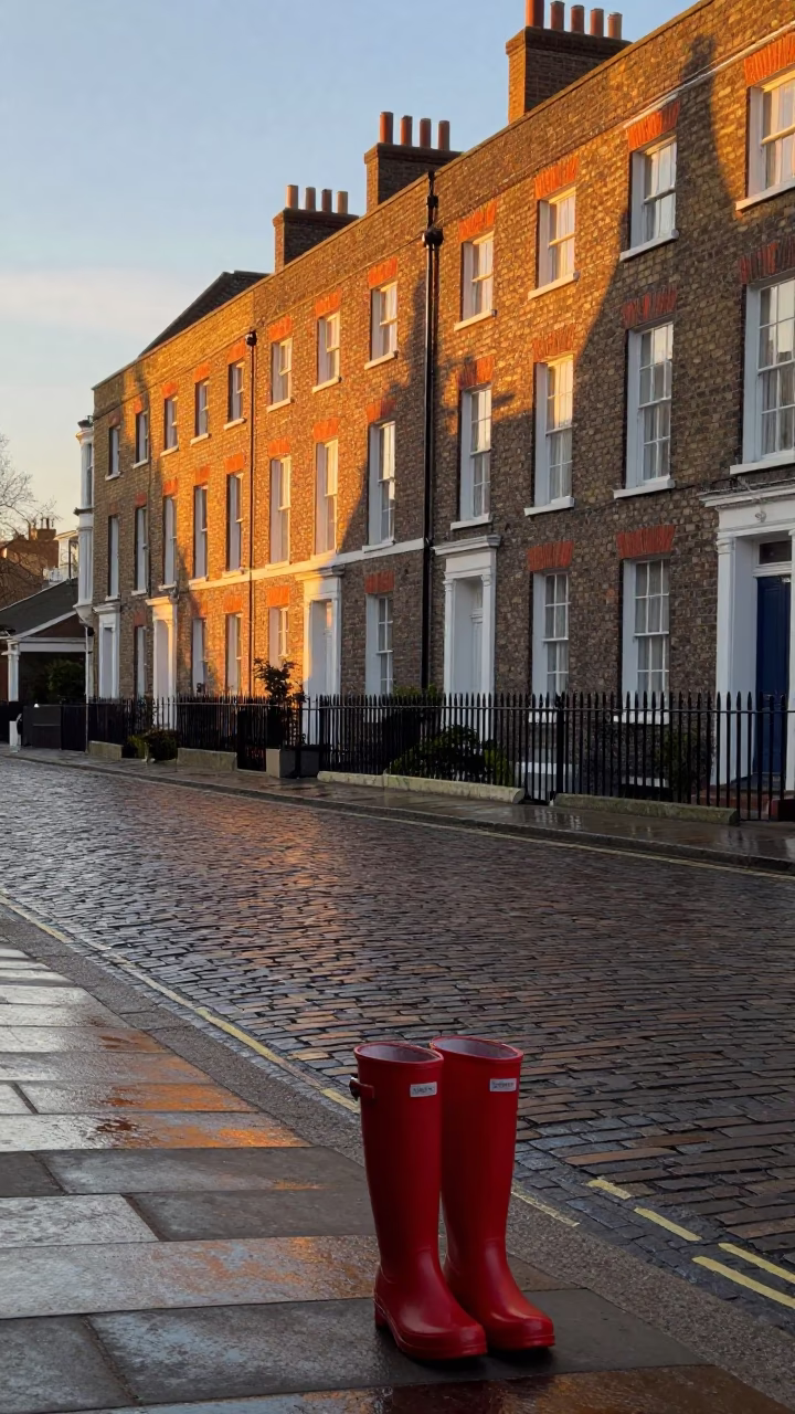Bristol Sunset Street Scene with Red Rain Boots and Historic Architecture in in Bristol, United Kingdom