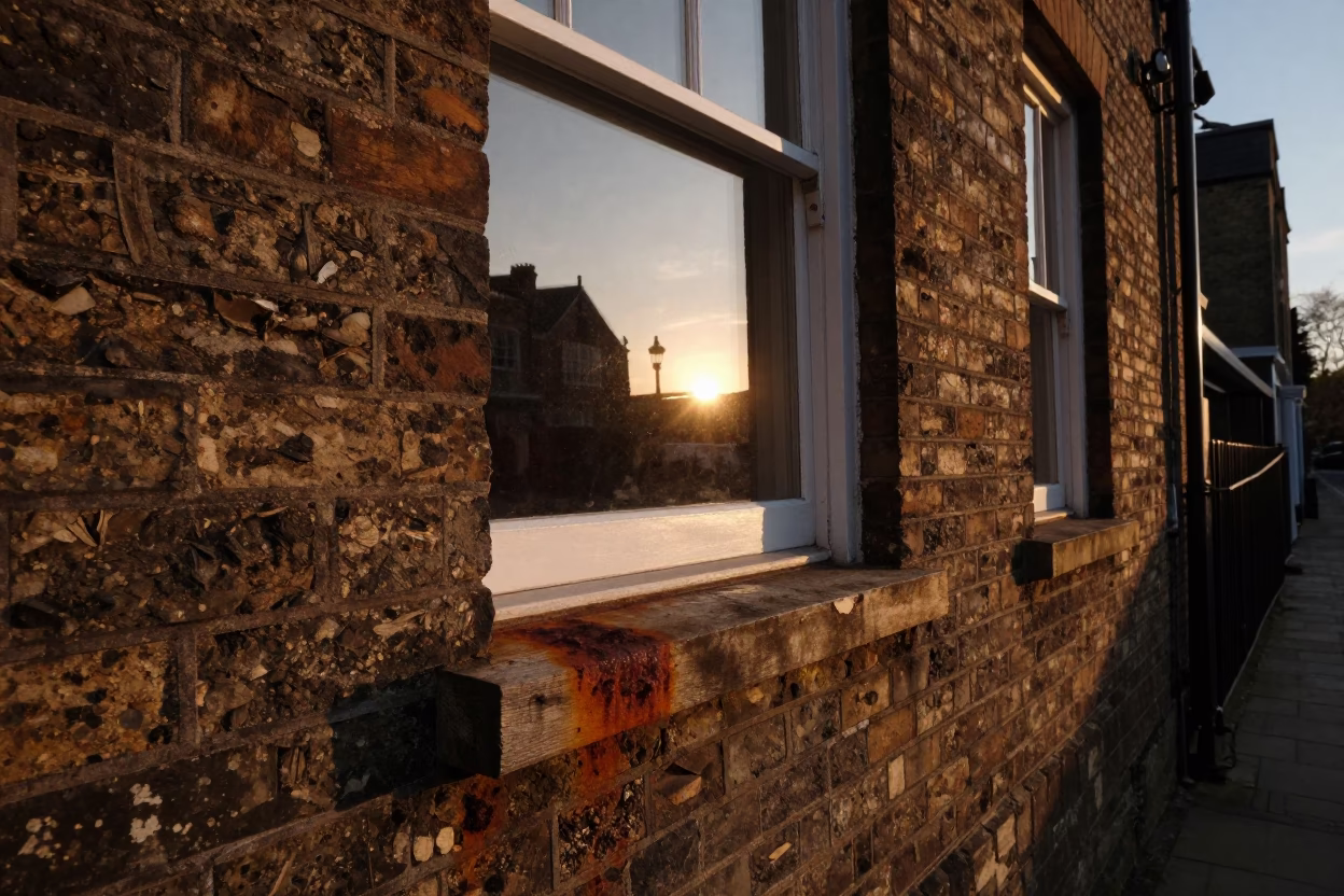 Bristol Sunset Street Scene with Rusty Window Sill and Local Architectural Details in in Bristol, United Kingdom