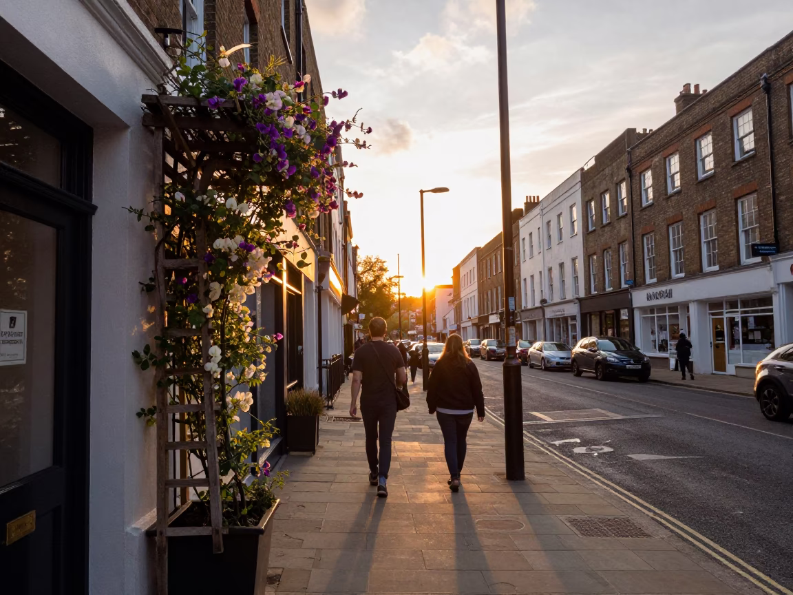 Bristol Sunset Street Scene with Sweet Peas and Urban Details in in Bristol, United Kingdom