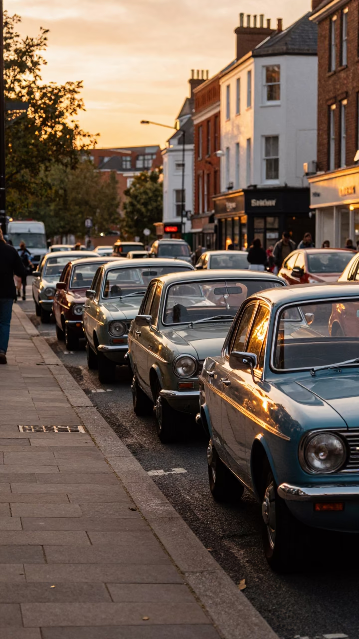 Bristol Sunset Street Scene with Vintage Car Rally and Cargo Ship Horizon in in Bristol, United Kingdom