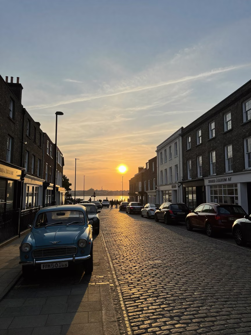 Bristol Sunset Street Scene with Vintage Cars and Historic Architecture in in Bristol, United Kingdom