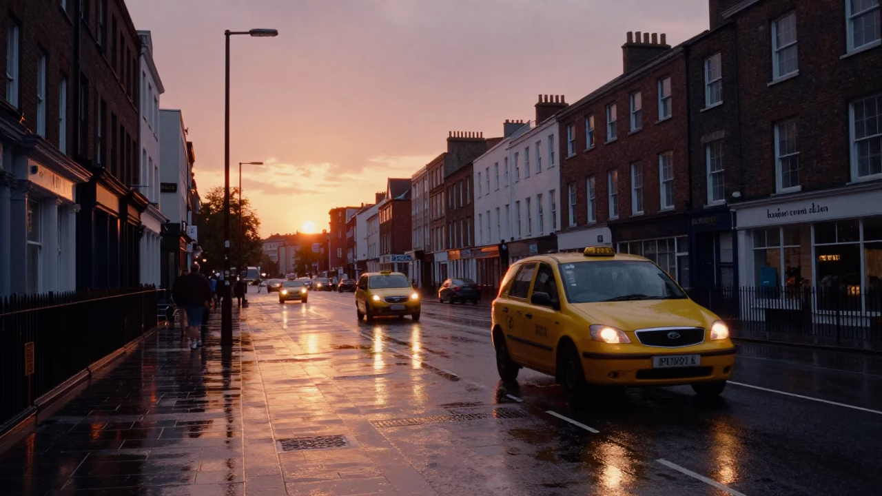 Bristol Sunset Street Scene with Yellow Taxi and Rain-Slicked Pavement in in Bristol, United Kingdom