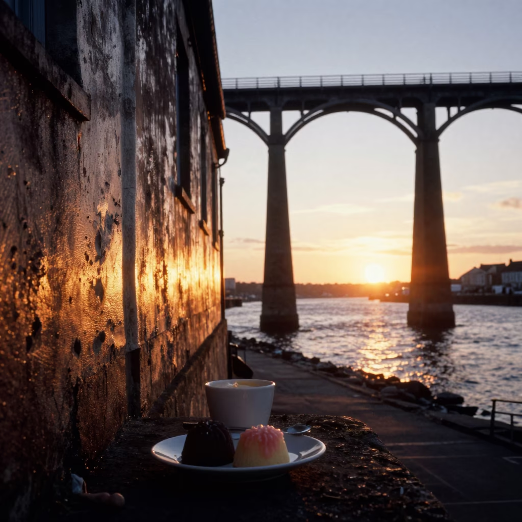 Bristol Sunset Train Trestle and Wagashi Sweets at Harbourside in in Bristol, United Kingdom