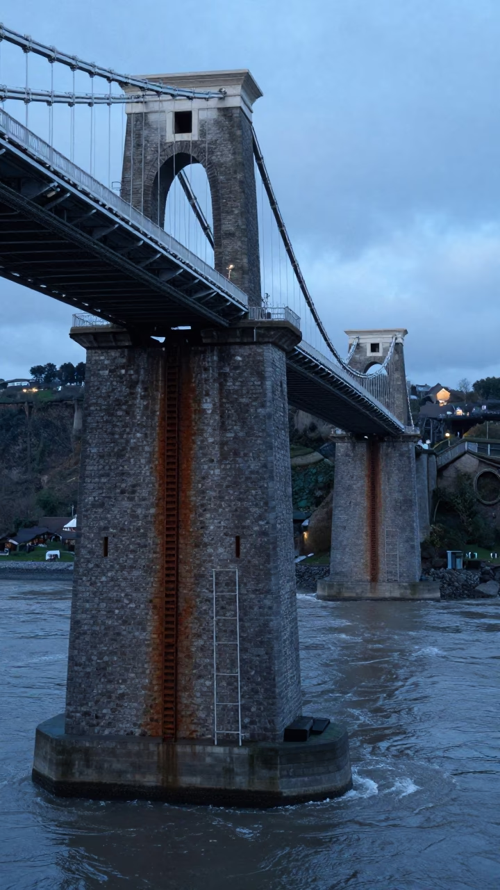 Bristol Suspension Bridge Piers and River Avon Estuary at Twilight in in Bristol, United Kingdom
